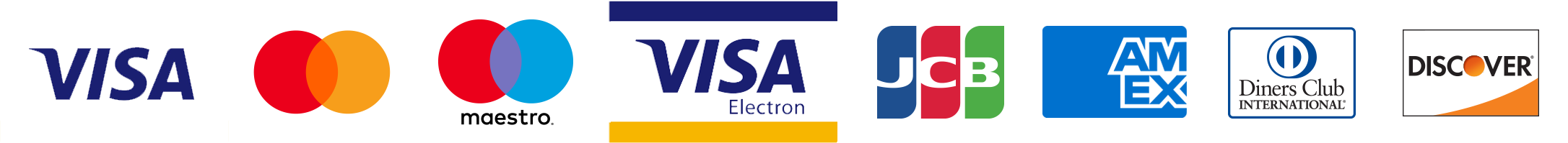 Visa, Mastercard, JCB, American Express, Diners Club, Discover